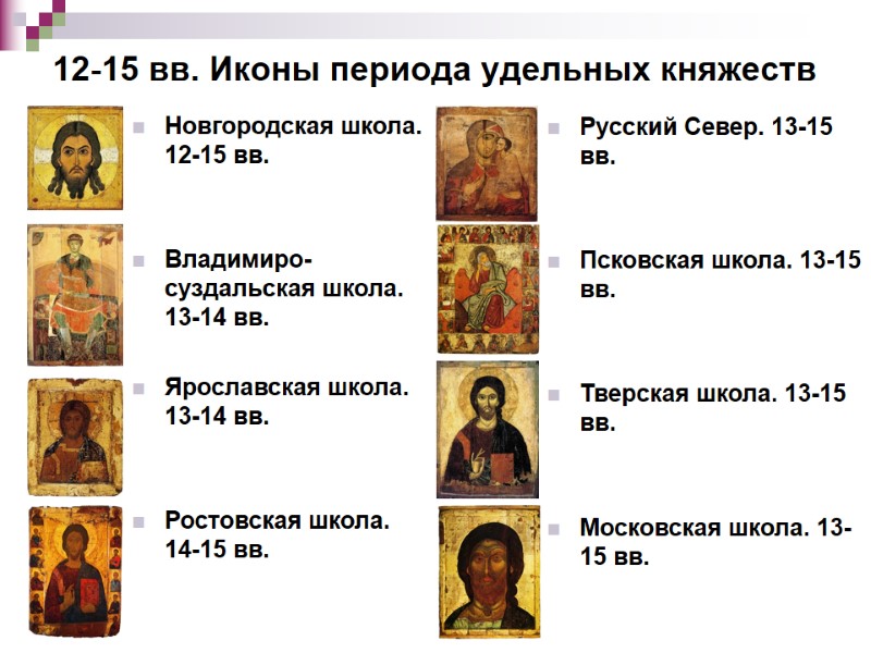 Новгородская школа. 12-15 вв.   Владимиро-суздальская школа. 13-14 вв.  Ярославская школа. 13-14